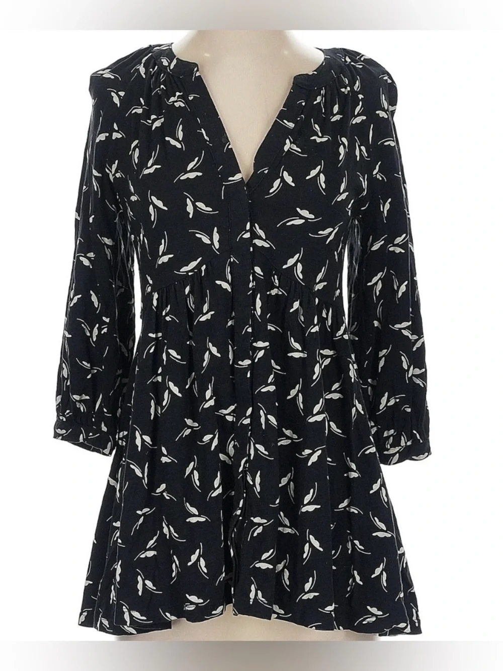 Maeve Black White Print Cotton Mini Dress XS 3/4 Sleeve Babydoll - Picture 2 of 6